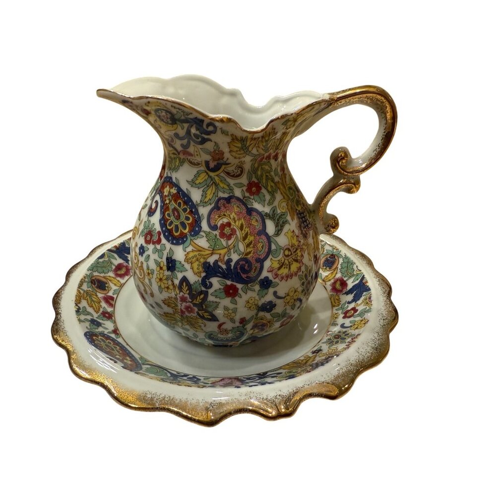 Lefton Vintage Porcelain Floral Pitcher & Basin With Gold Accents